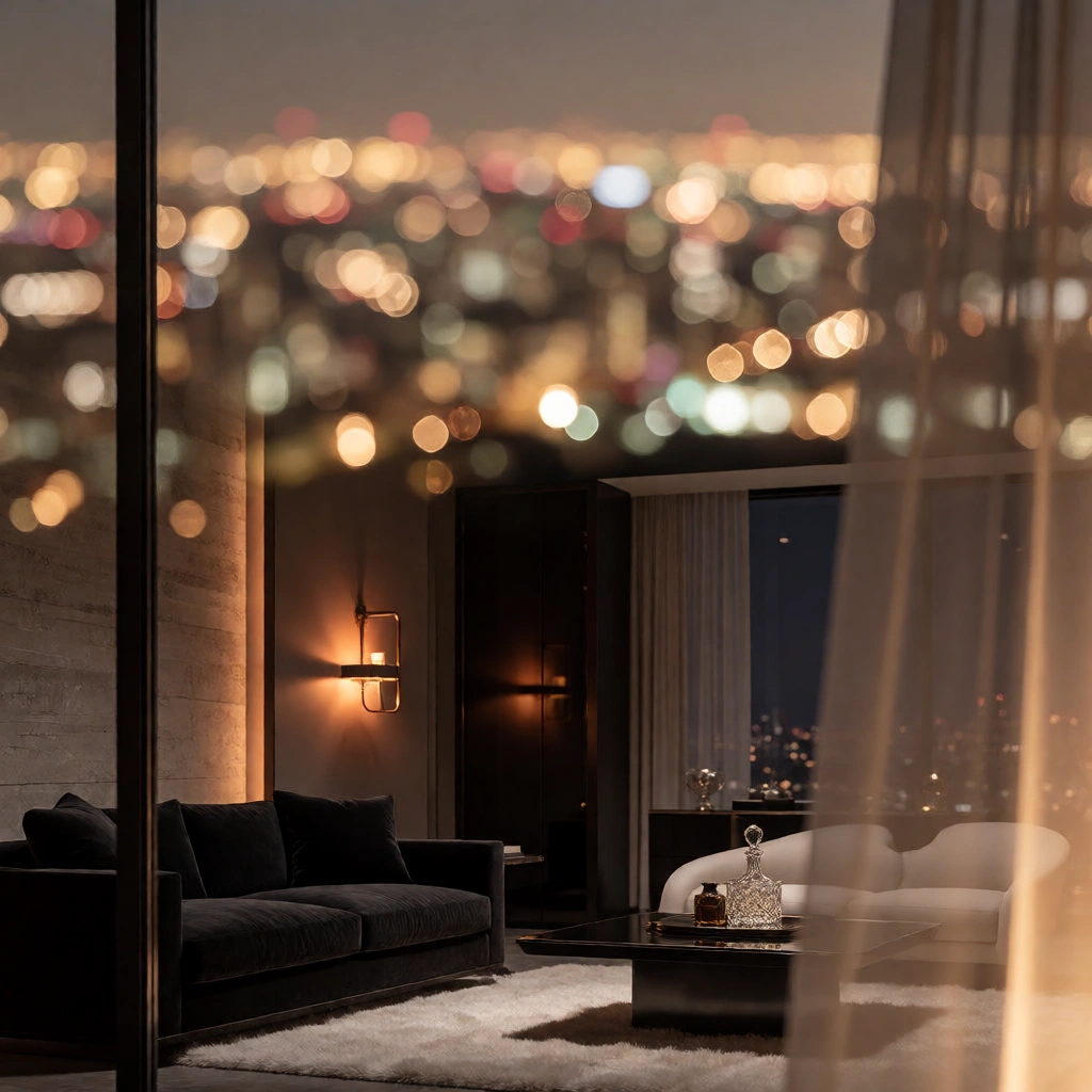 City lights glowing through the window of a dark luxury suite at night